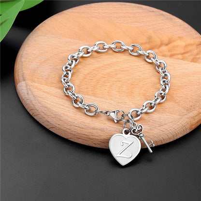 Heart Initial Bracelets for Women Gifts - Engraved 26 Letters Initial Charms Bracelet Stainless Steel Bracelet Birthday Christmas Jewelry Gift for Women Teen Girls