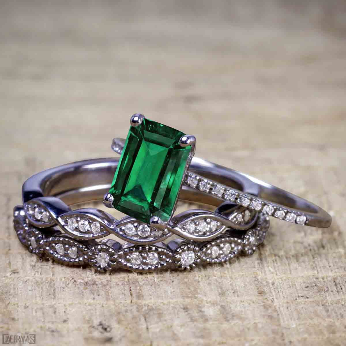 2.25 Carat Rectangle Vivid Lab Created Green Emerald Trio Wedding Ring Set in 18K Black Gold over Silver