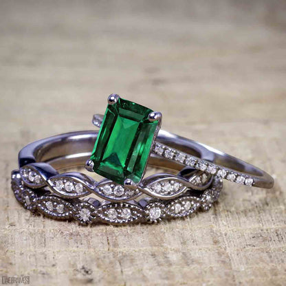 2.25 Carat Rectangle Vivid Lab Created Green Emerald Trio Wedding Ring Set in 18K Black Gold over Silver