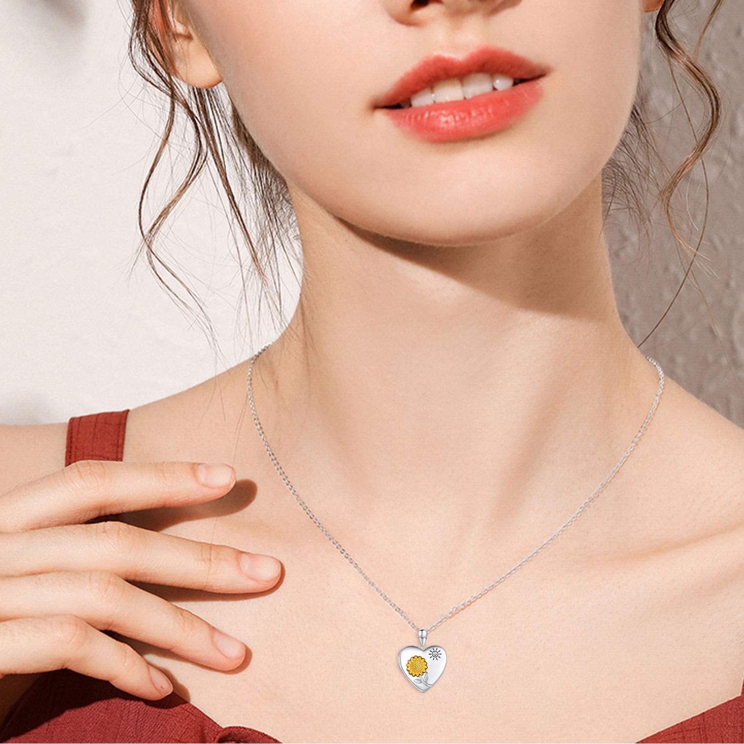 Sunflower Locket Necklace for Women 925 Sterling Silver Heart Locket Necklace That Holds Pictures You Are My Sunshine Necklace Sunflower Jewelry Gifts for Mother'S Day