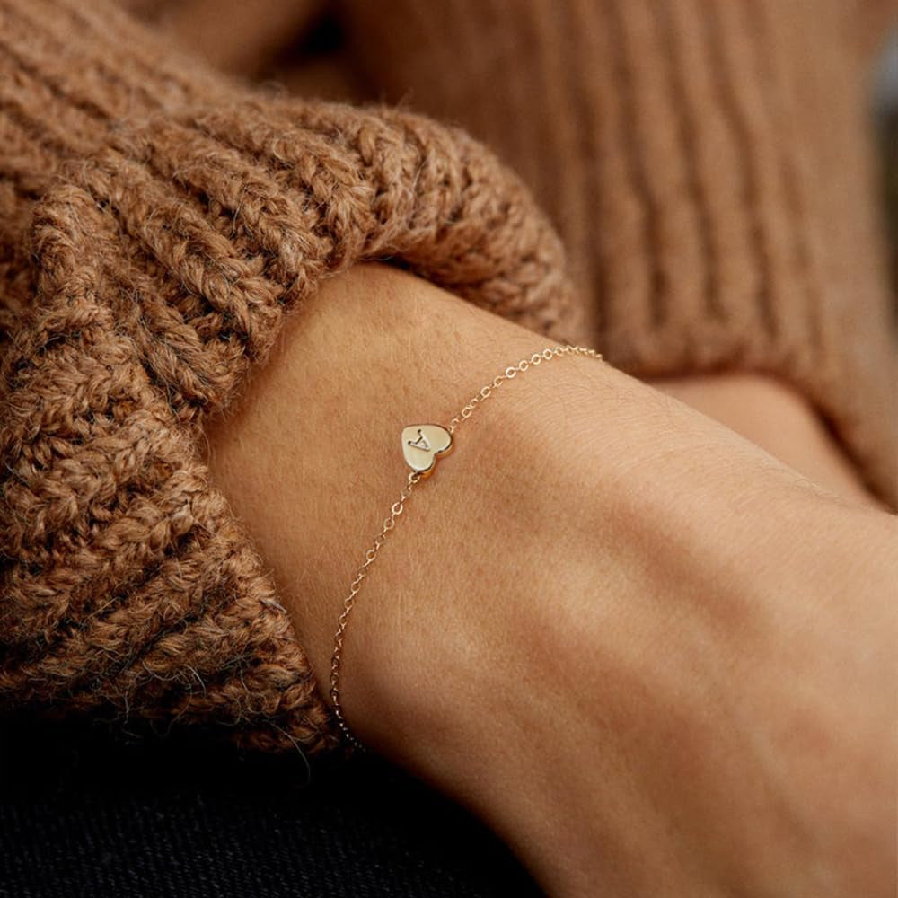 Dainty Heart Initial Bracelets for Women Girls, 14K Gold Filled Handmade Personalized Letter Layered Heart Initial Bracelets for Women Teen Girls Jewelry Gifts