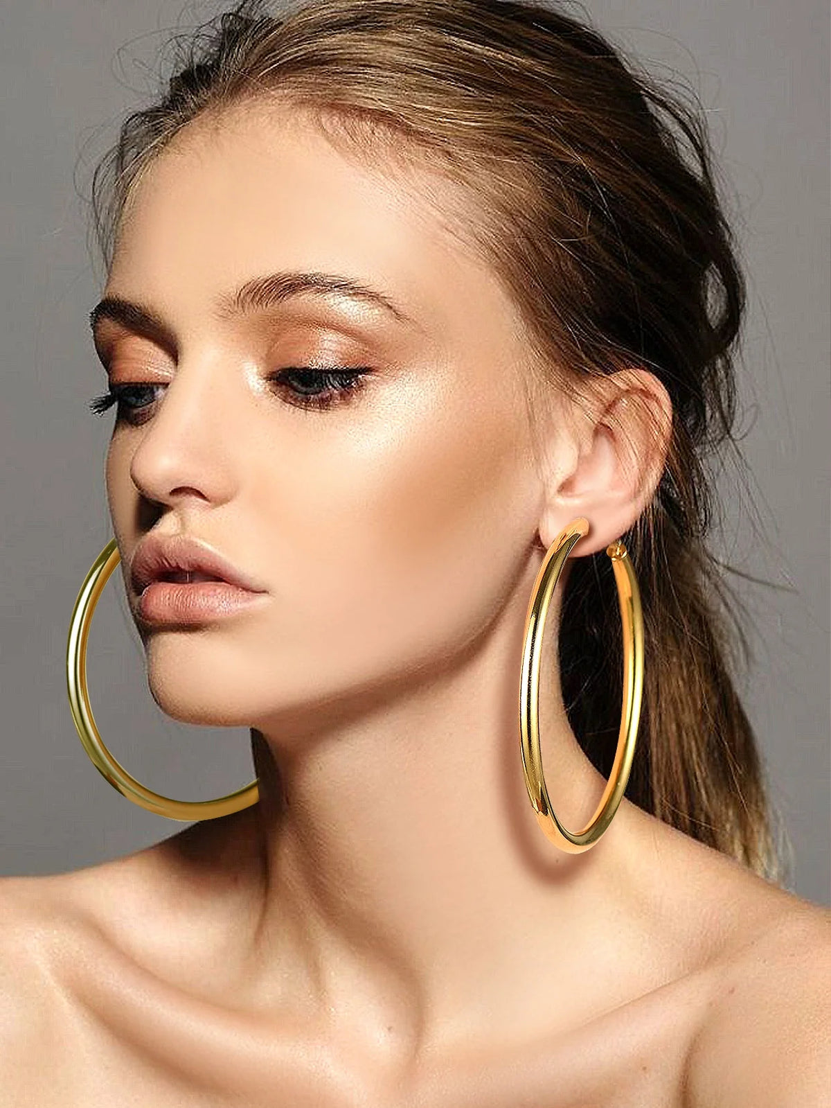 Chunky Hoop Earrings for Women Stainless Steel Jewelry 14K Gold Plated Large Earring 80Mm Birthday Christmas Gift for Daughter Wife