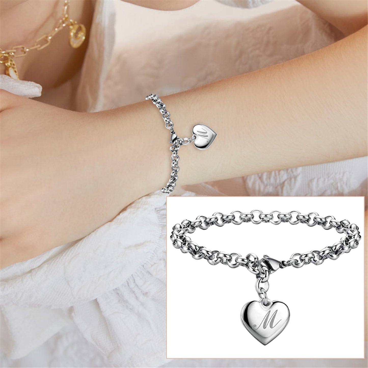 Bracelet for Women Initial Charm Bracelets for Teen Girls Stainless Steel Heart Charm Bracelets for Women 26 Letters Alphabet Bracelet Jewelry Gifts for Teenage Girls Accessories M