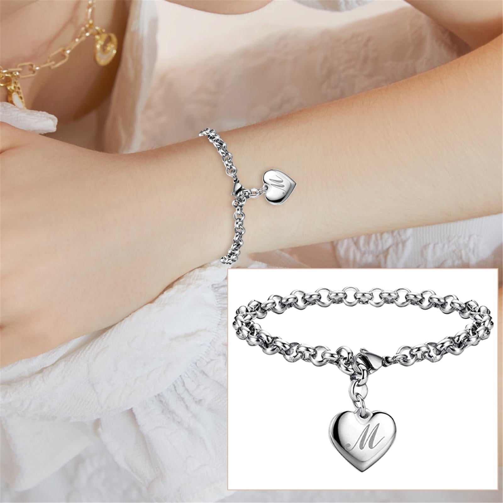 Bracelet for Women Initial Charm Bracelets for Teen Girls Stainless Steel Heart Charm Bracelets for Women 26 Letters Alphabet Bracelet Jewelry Gifts for Teenage Girls Accessories M