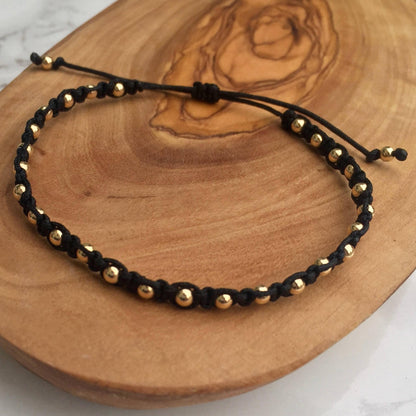 14K Gold-Filled Beaded Macrame Bracelet – Black String, 6 Inches