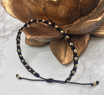 14K Gold-Filled Beaded Macrame Bracelet – Black String, 6 Inches