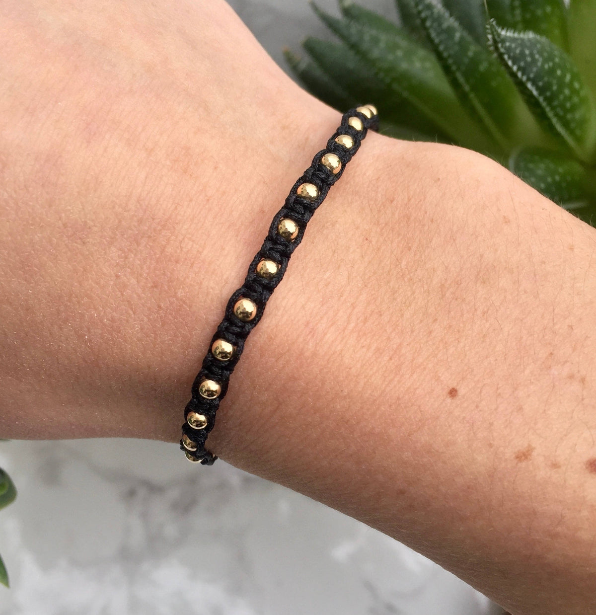 14K Gold-Filled Beaded Macrame Bracelet – Black String, 6 Inches