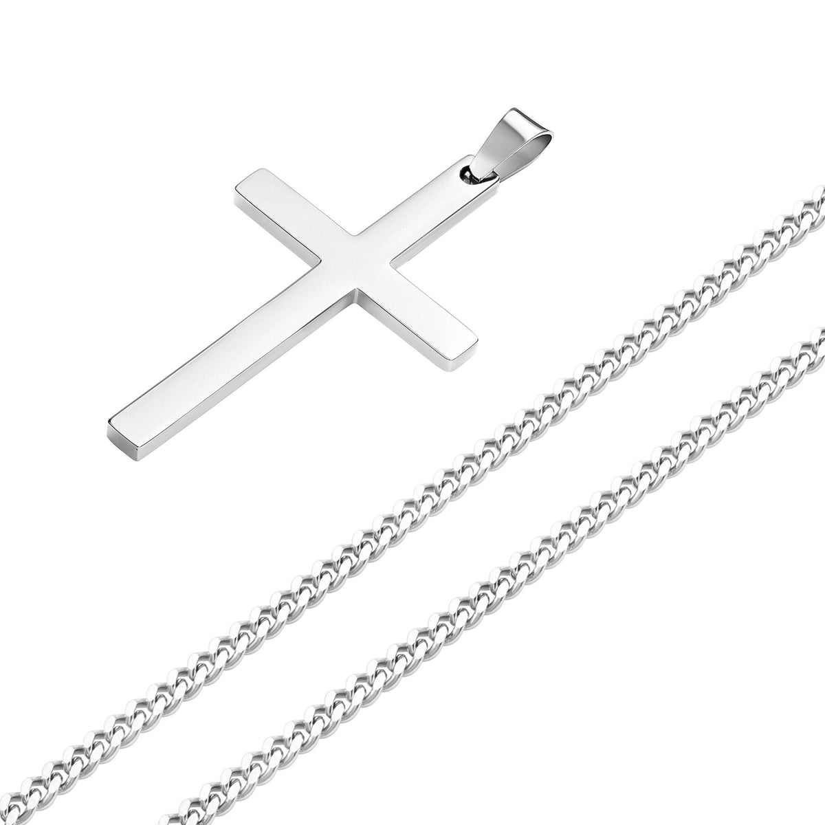 Men'S Silver Cross Necklace & Pendant - Cuban Link Chain Necklace for Man - Minimalist Silver Stainless Steel Cross - Engraved - Waterproof