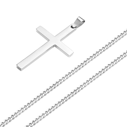 Men'S Silver Cross Necklace & Pendant - Cuban Link Chain Necklace for Man - Minimalist Silver Stainless Steel Cross - Engraved - Waterproof