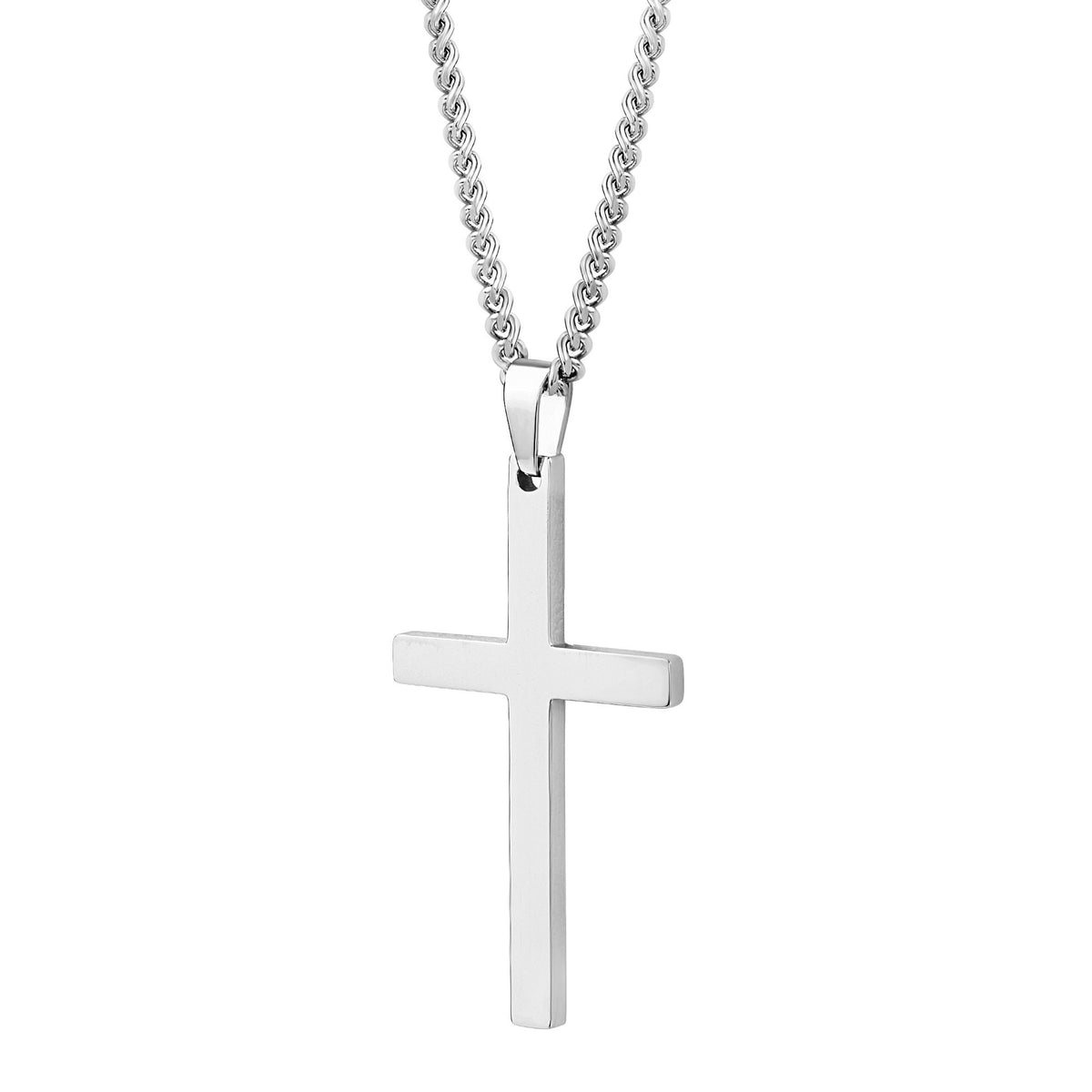 Men'S Silver Cross Necklace & Pendant - Cuban Link Chain Necklace for Man - Minimalist Silver Stainless Steel Cross - Engraved - Waterproof