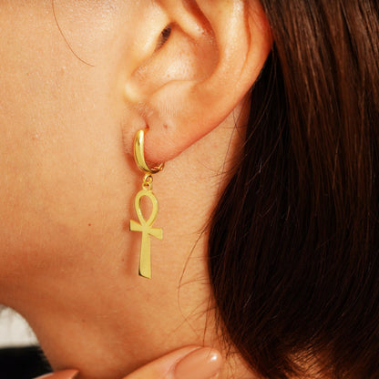 14K Gold Ankh Hoop Earrings: Dainty Egyptian Jewelry