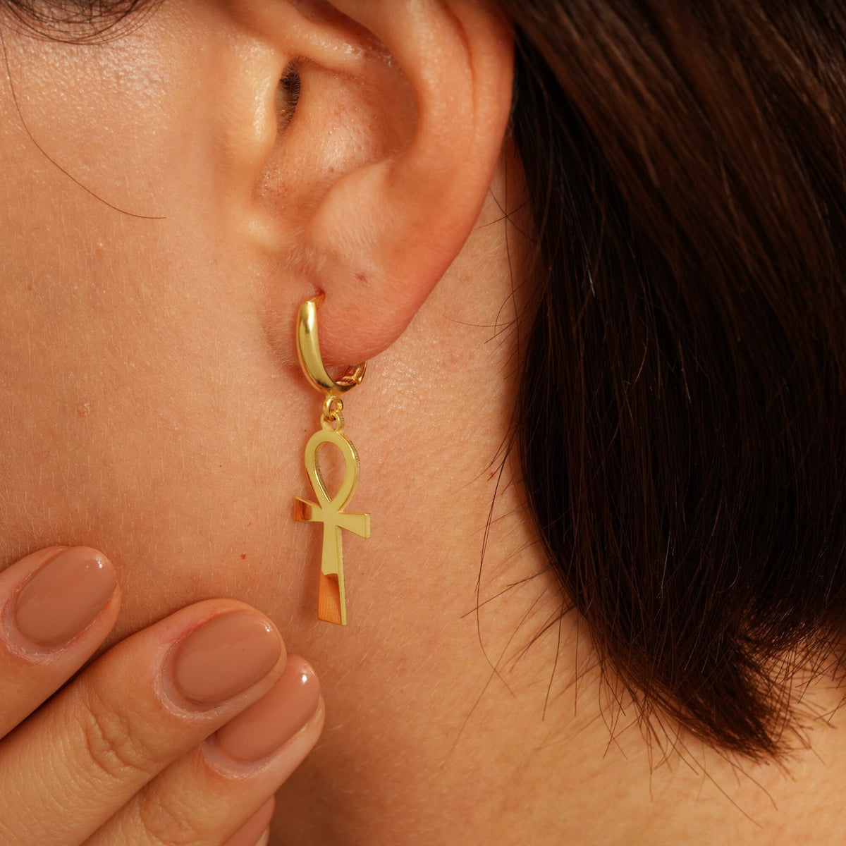 14K Gold Ankh Hoop Earrings: Dainty Egyptian Jewelry