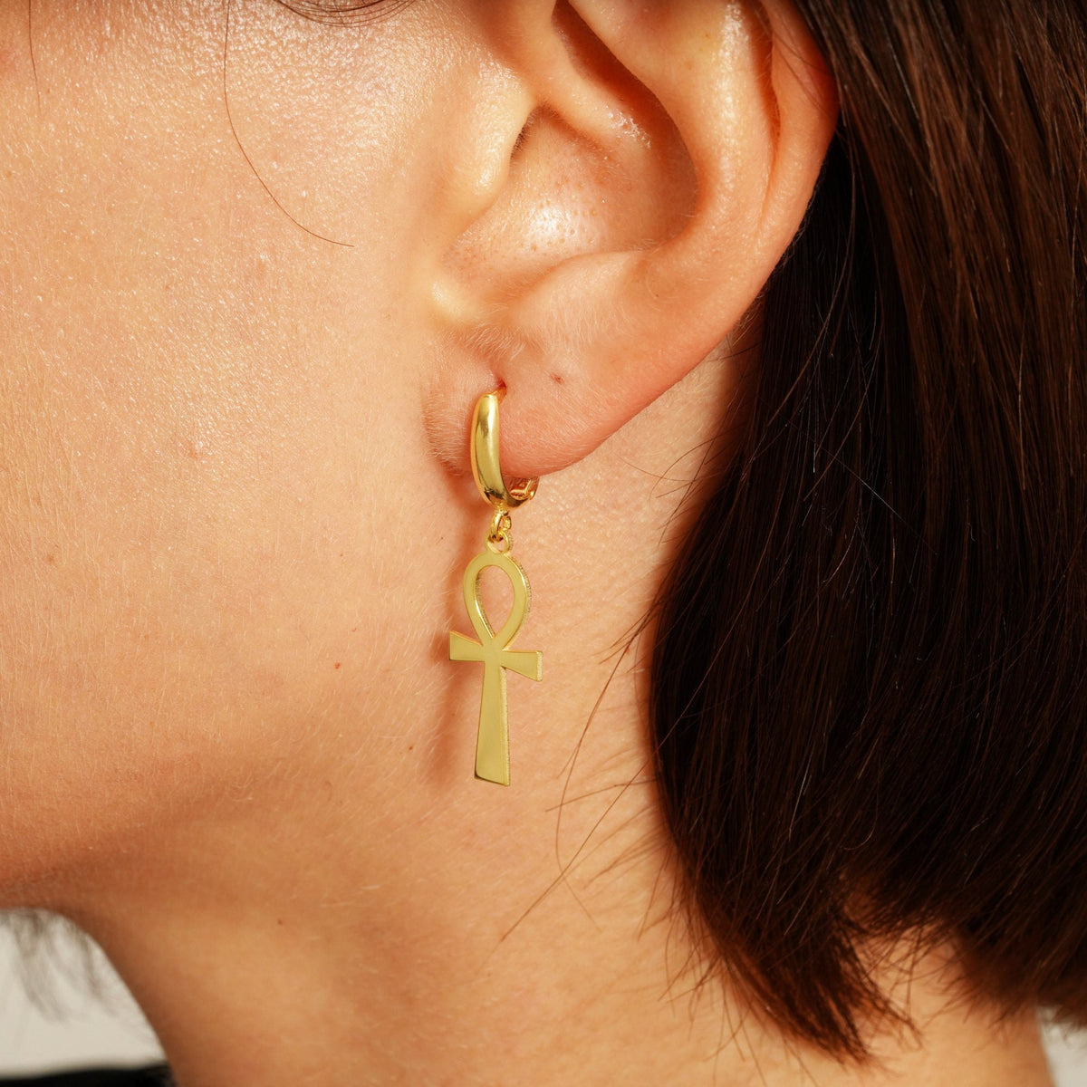14K Gold Ankh Hoop Earrings: Dainty Egyptian Jewelry