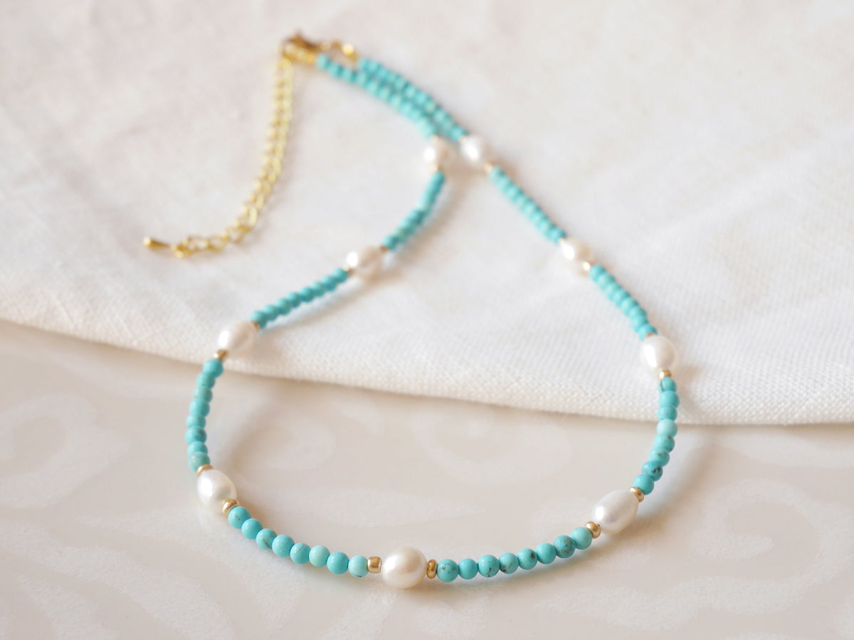 Turquoise Pearl Necklace | Gold-Plated Bead Choker