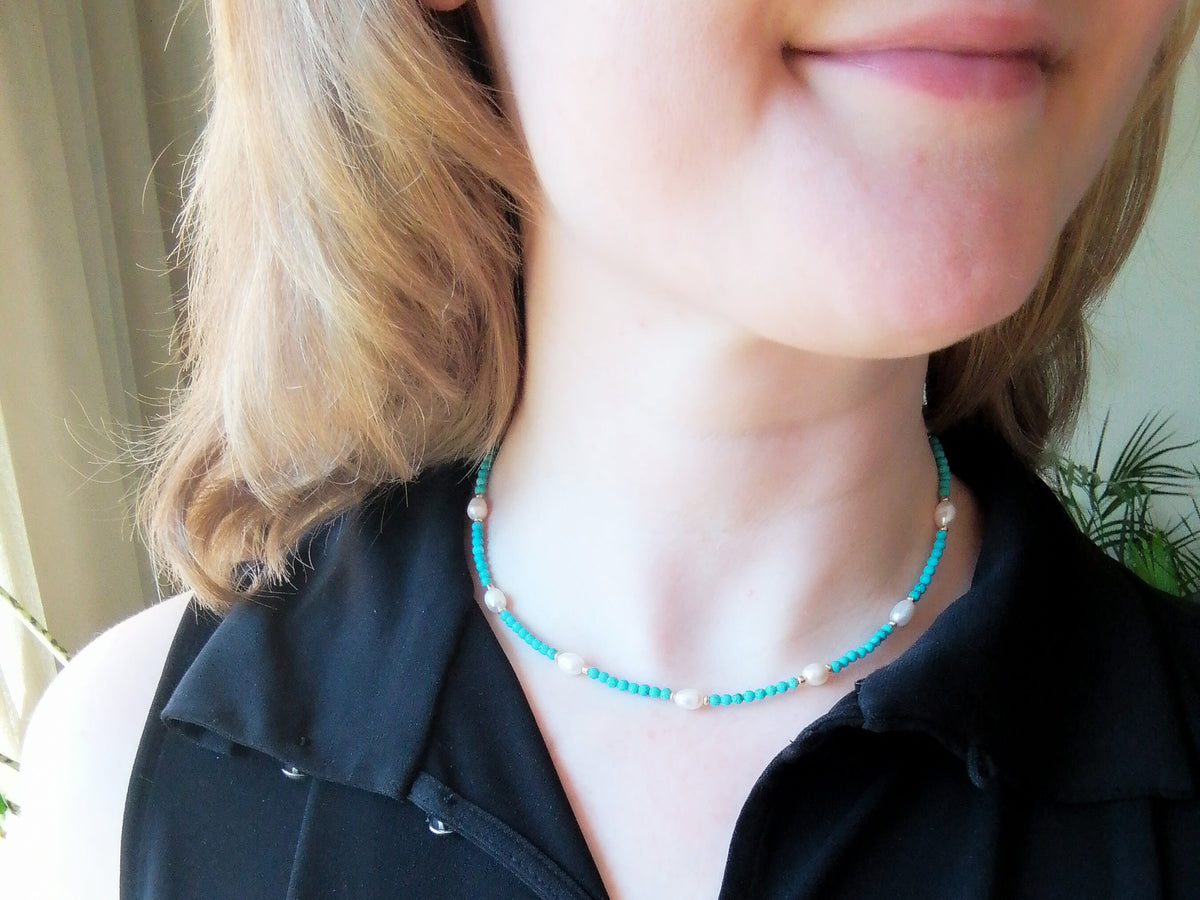 Turquoise Pearl Necklace | Gold-Plated Bead Choker