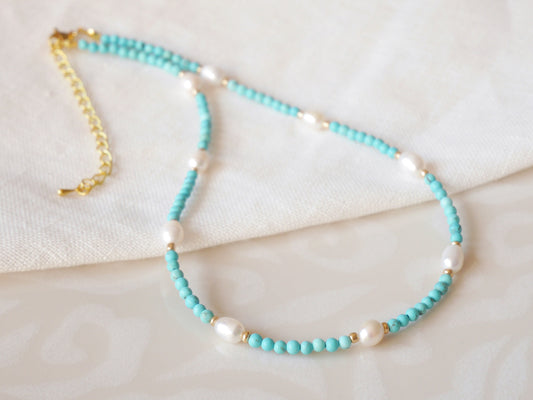 Turquoise Pearl Necklace | Gold-Plated Bead Choker