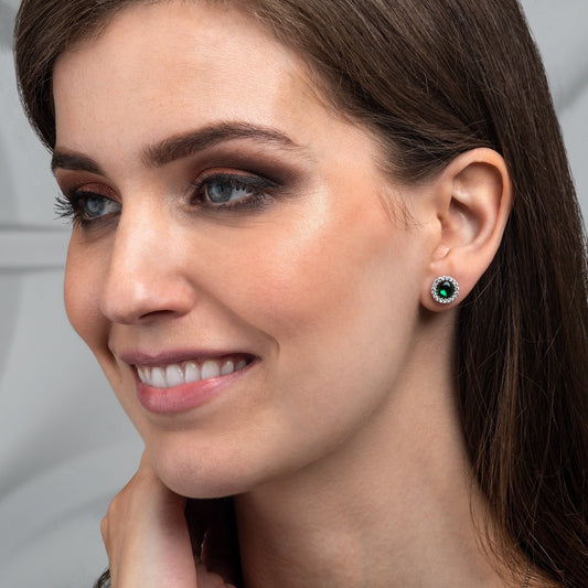 925 Sterling Silver round Green Halo Stud Earrings for Women, Green Earrings in Silver with Cubic Zirconia, Halo Earrings with Green Stones