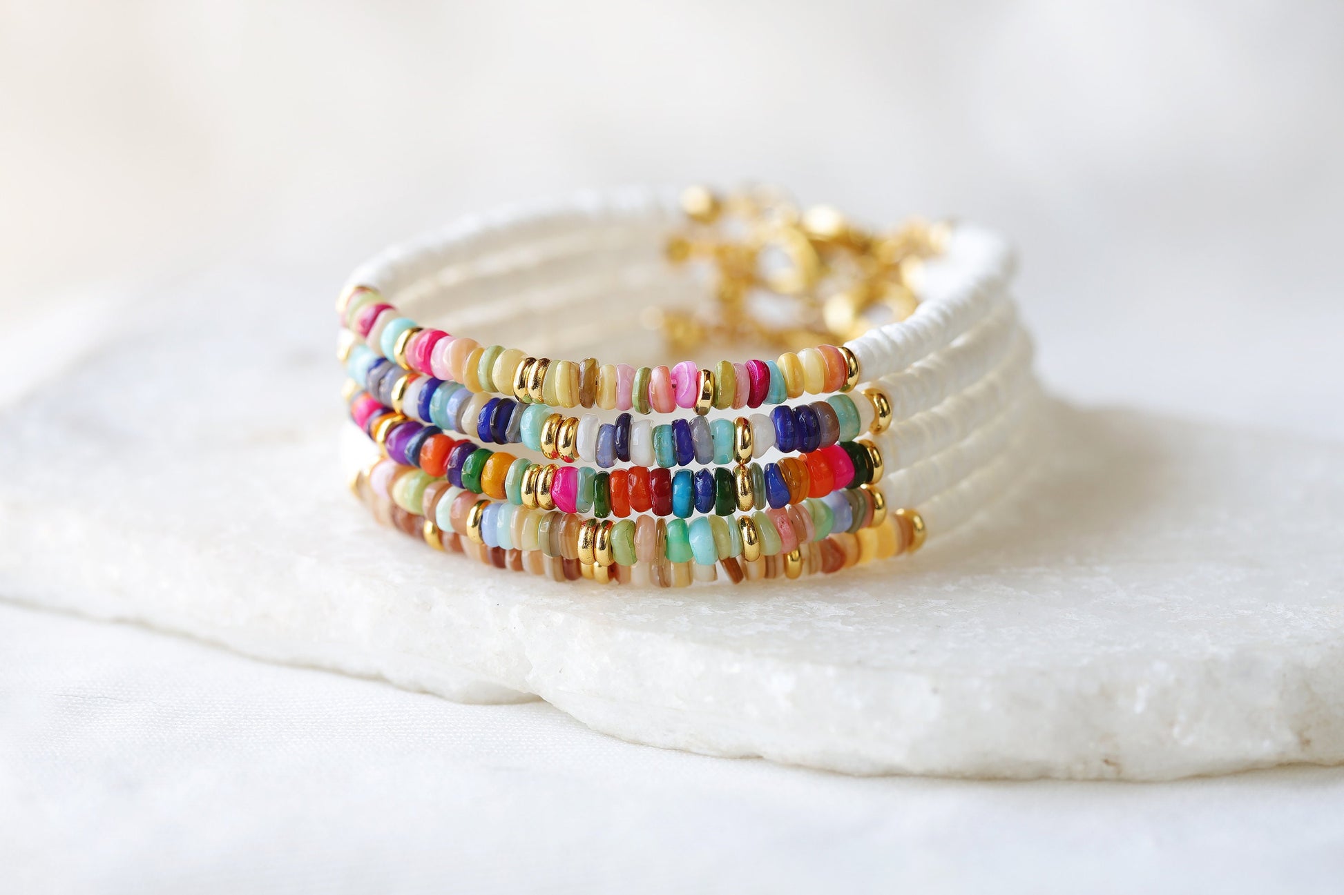 Dainty Heishi Shell Bracelets, Gold Accent Colorful Natural Stone Bracelets