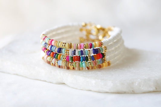 Dainty Heishi Shell Bracelets, Gold Accent Colorful Natural Stone Bracelets