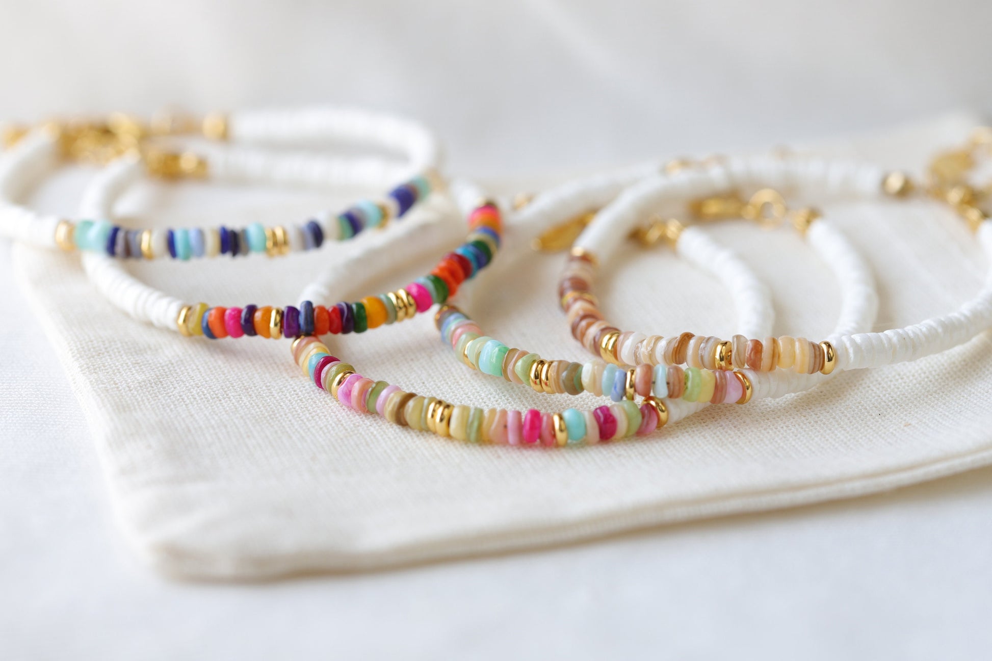 Dainty Heishi Shell Bracelets, Gold Accent Colorful Natural Stone Bracelets