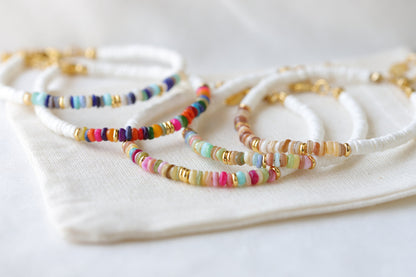 Dainty Heishi Shell Bracelets, Gold Accent Colorful Natural Stone Bracelets