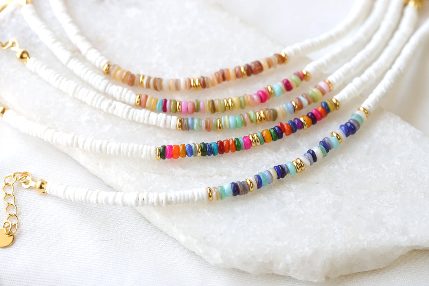 Dainty Heishi Shell Bracelets, Gold Accent Colorful Natural Stone Bracelets