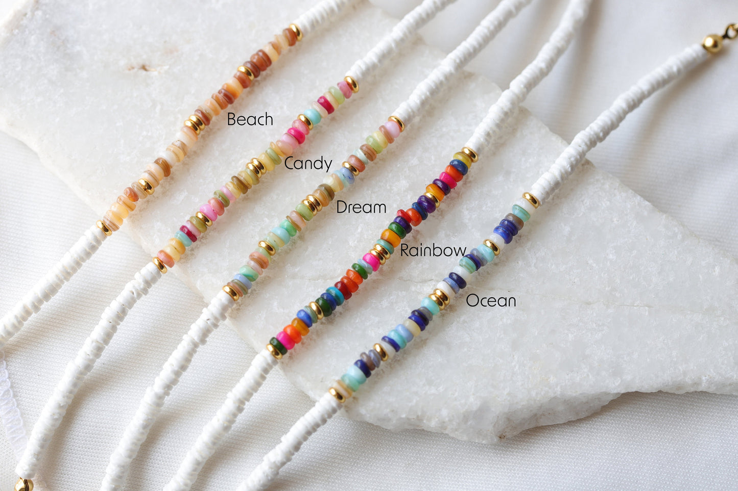 Dainty Heishi Shell Bracelets, Gold Accent Colorful Natural Stone Bracelets