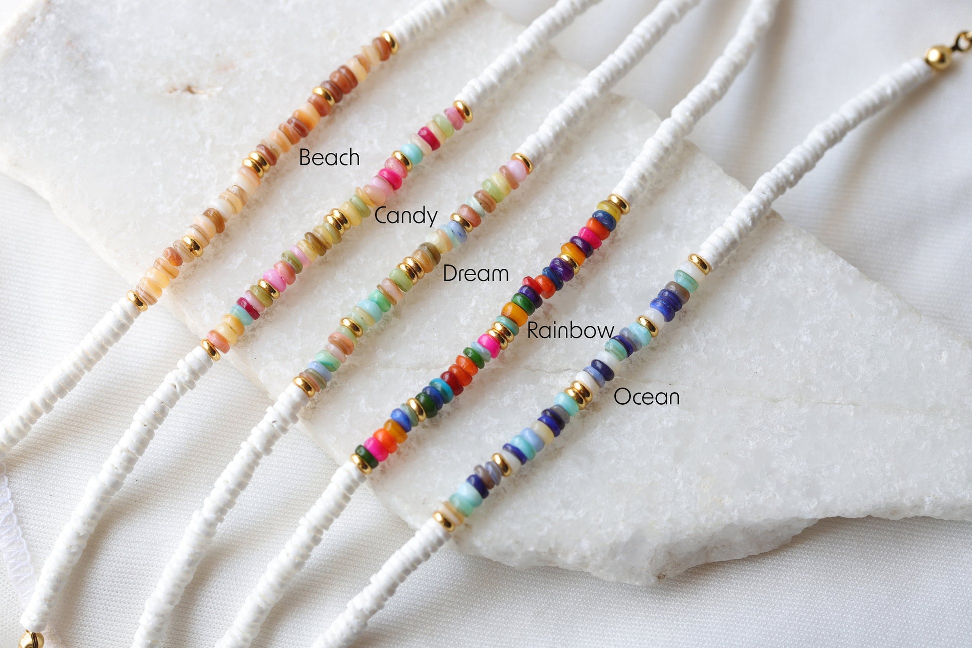 Dainty Heishi Shell Bracelets, Gold Accent Colorful Natural Stone Bracelets