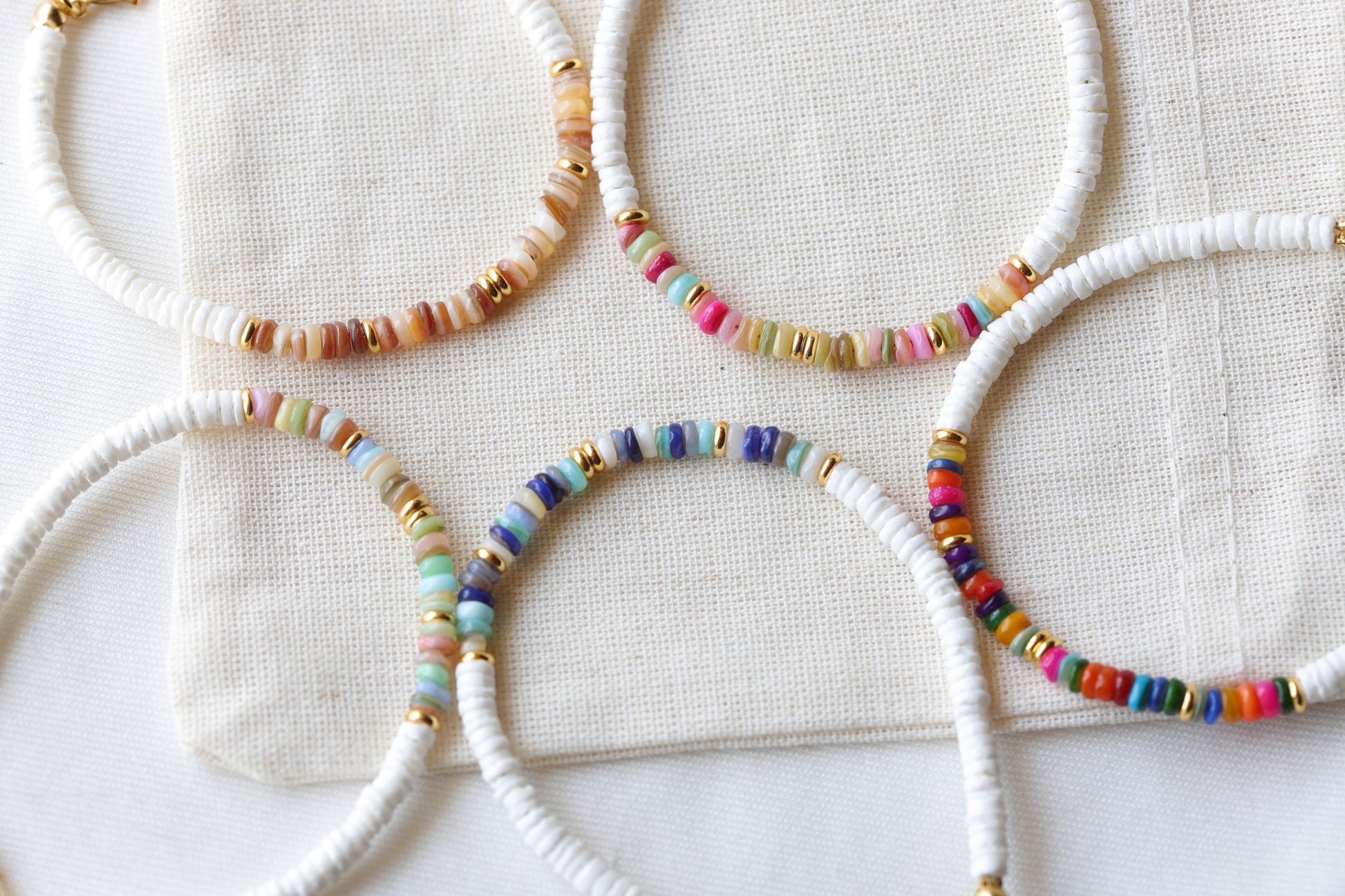 Dainty Heishi Shell Bracelets, Gold Accent Colorful Natural Stone Bracelets