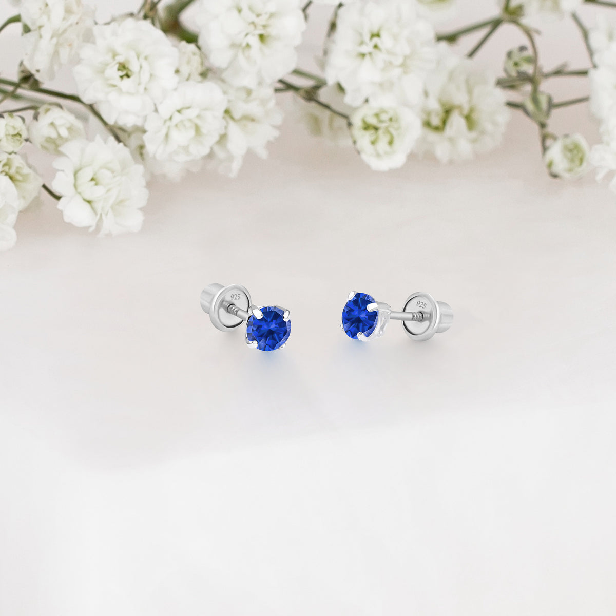 Baby Girl 925 Sterling Silver Blue CZ Screwback Stud Earrings – 3mm