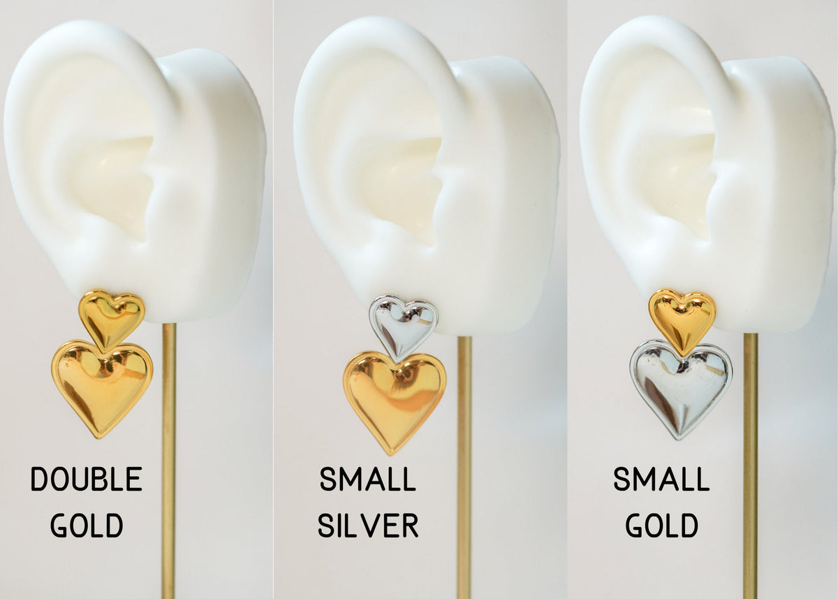 Two Tone Earrings, Double Heart Earring, Mixed Metal Earrings, Statement Earrings, Chunky Earrings, Unique Earrings, Large Dangle Earrings