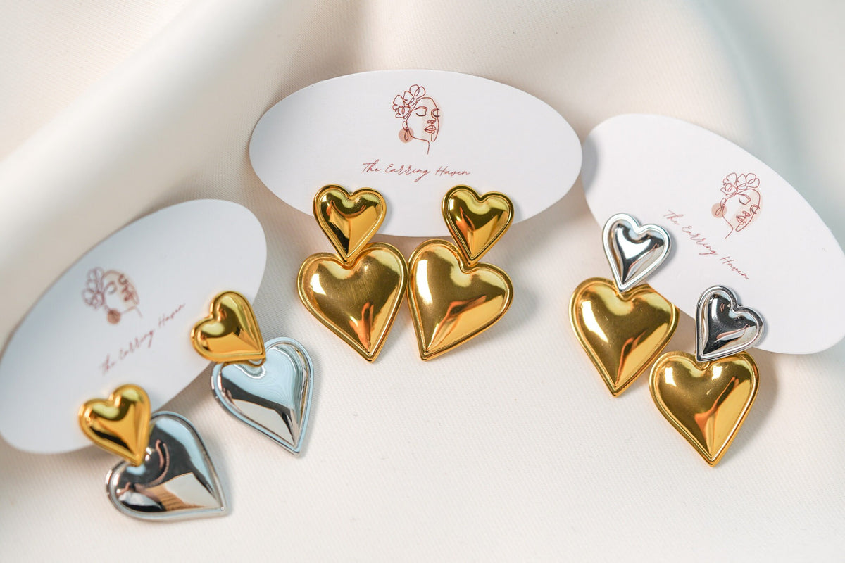Two Tone Earrings, Double Heart Earring, Mixed Metal Earrings, Statement Earrings, Chunky Earrings, Unique Earrings, Large Dangle Earrings