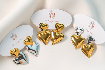 Two Tone Earrings, Double Heart Earring, Mixed Metal Earrings, Statement Earrings, Chunky Earrings, Unique Earrings, Large Dangle Earrings
