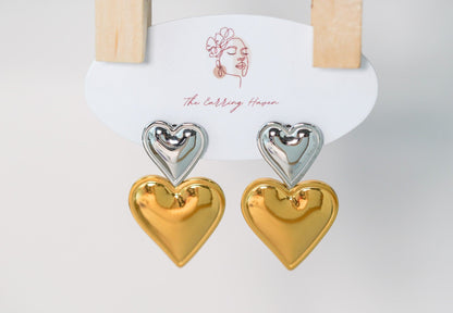 Two Tone Earrings, Double Heart Earring, Mixed Metal Earrings, Statement Earrings, Chunky Earrings, Unique Earrings, Large Dangle Earrings