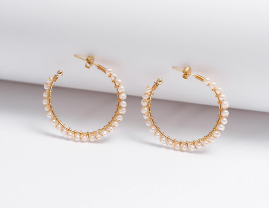 Statement Pearl Hoop Earrings: Gold Plated 925 Sterling Silver