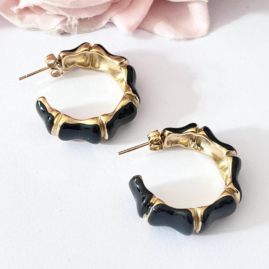 Vintage 14K Gold Plated Black Enamel Chunky Statement Pierced Half Hoop Earrings