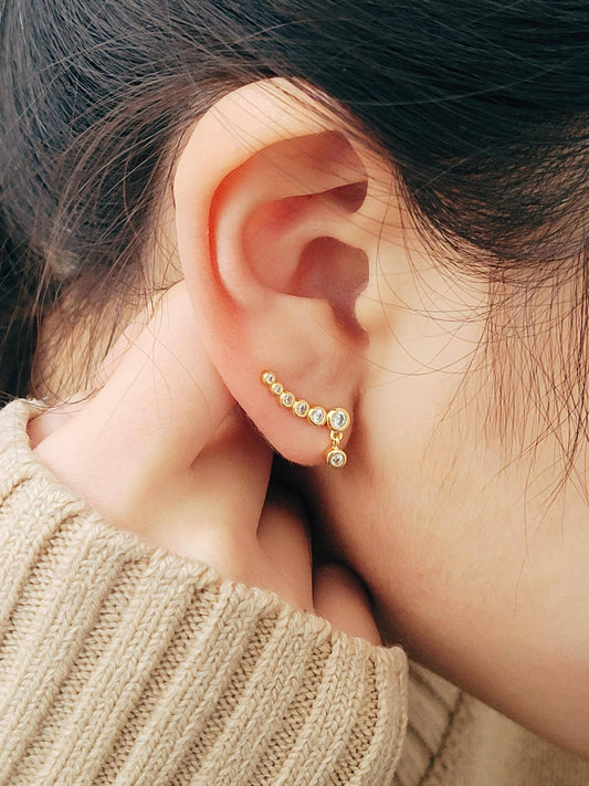 Bubble Climber Earrings with Dangly CZ | Gold Plated Sterling Silver Ear Crawlers | Minimalist Everyday Jewellery