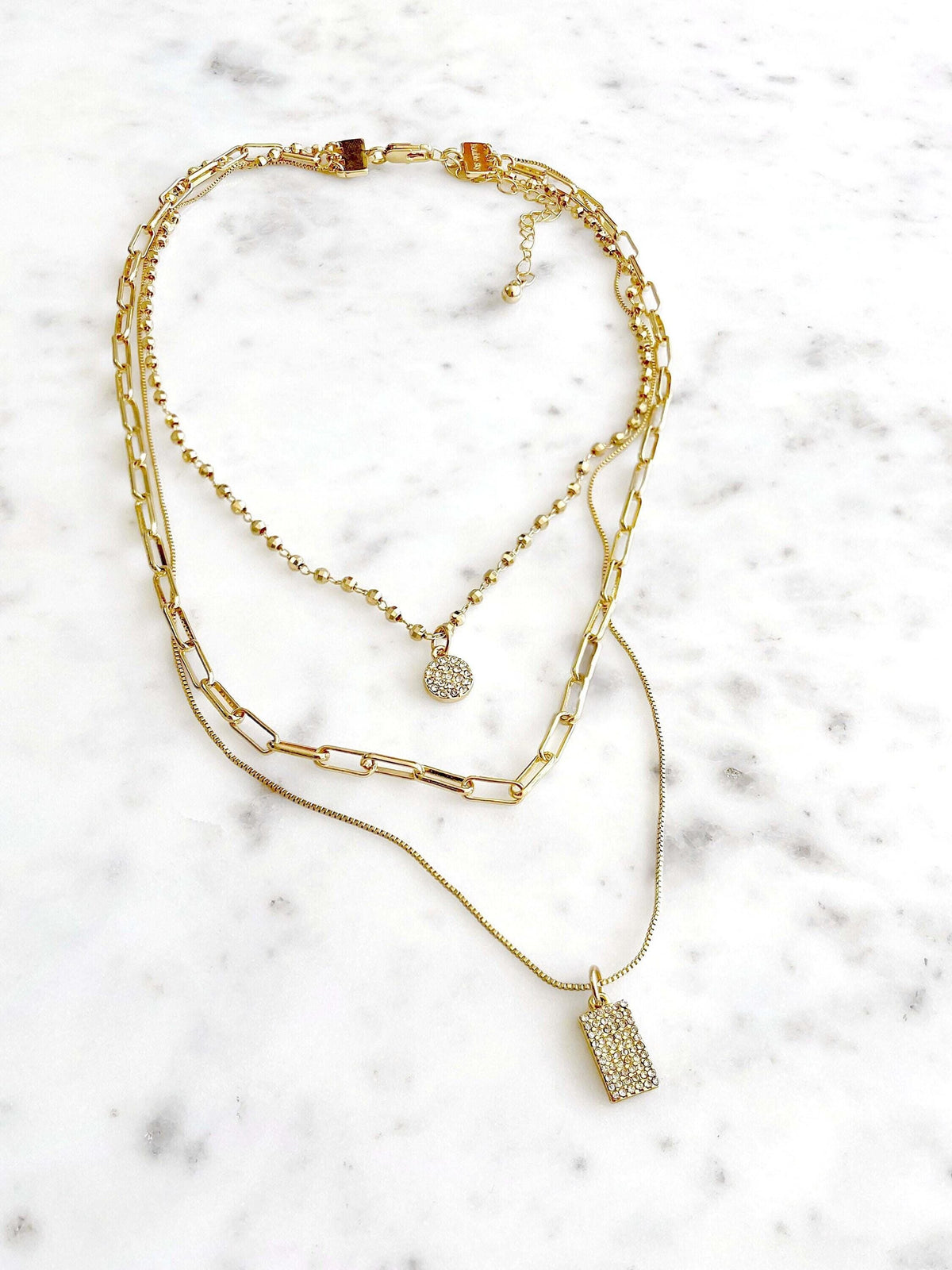 Gold Layered Necklace Set, Triple Layer Charm Necklace with Detangler Clasp, Pave Crystal 3 Strand Necklace, Gift for Her