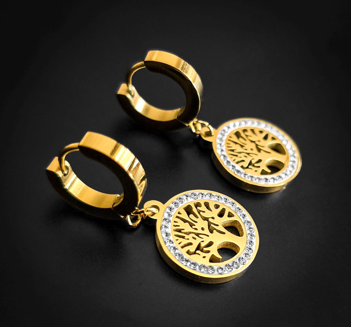 Gold Tree of Life Hoop Earrings: Bohemian Stainless Steel Jewelry