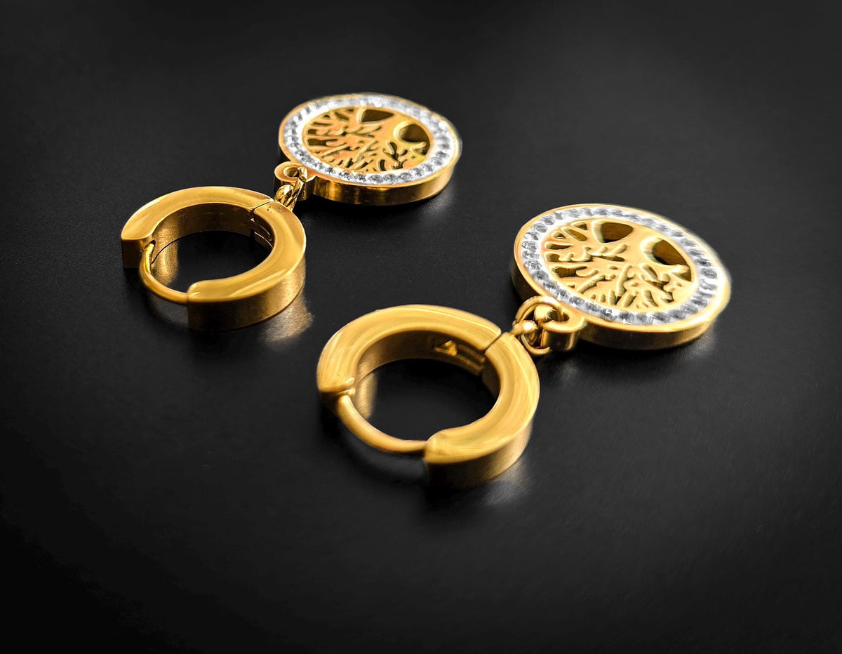 Gold Tree of Life Hoop Earrings: Bohemian Stainless Steel Jewelry