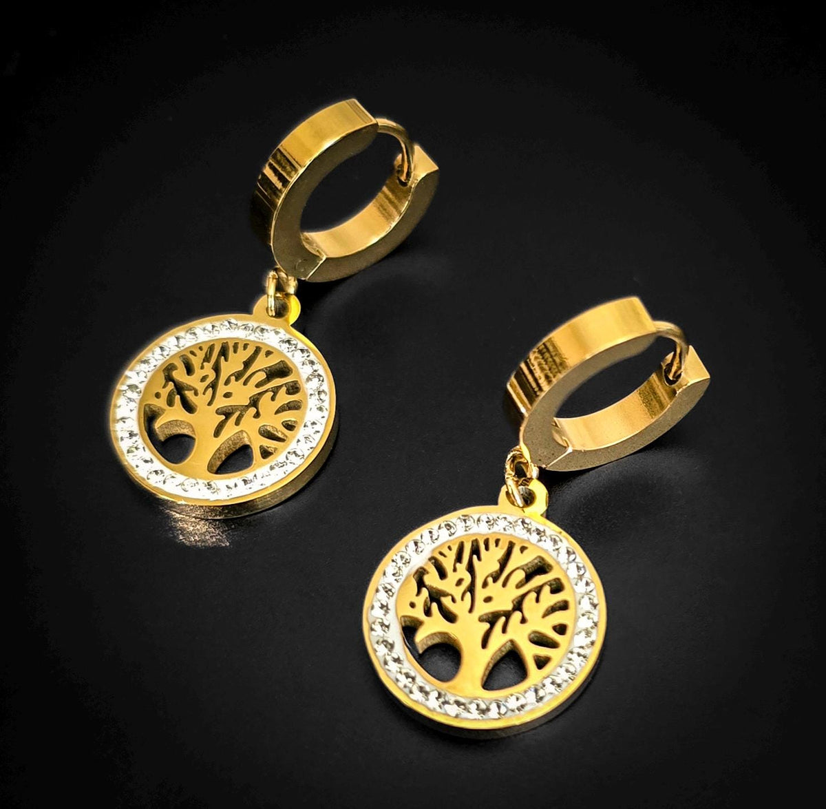 Gold Tree of Life Hoop Earrings: Bohemian Stainless Steel Jewelry