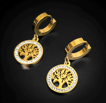 Gold Tree of Life Hoop Earrings: Bohemian Stainless Steel Jewelry