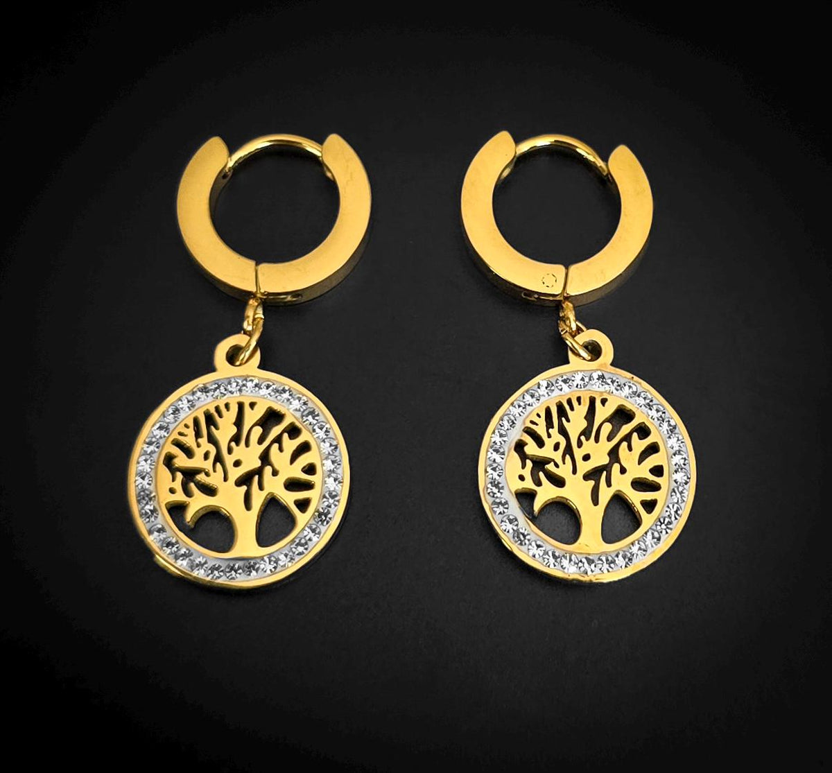 Gold Tree of Life Hoop Earrings: Bohemian Stainless Steel Jewelry