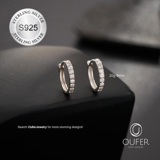 Pair of 925 Sterling Silver CZ Pave Huggie Hoop Earrings | 20G 6–9Mm Silver Earring | Everyday Hypoallergenic Earrings | Standard Lobe Fit