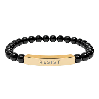 18K Gold-Plated RESIST Engraved Black Onyx Beaded Bracelet