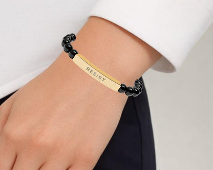 18K Gold-Plated RESIST Engraved Black Onyx Beaded Bracelet