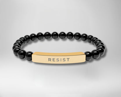 18K Gold-Plated RESIST Engraved Black Onyx Beaded Bracelet