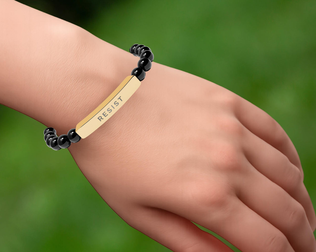 18K Gold-Plated RESIST Engraved Black Onyx Beaded Bracelet