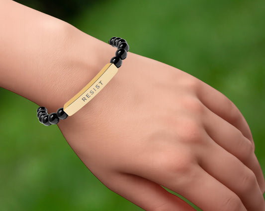 18K Gold-Plated RESIST Engraved Black Onyx Beaded Bracelet