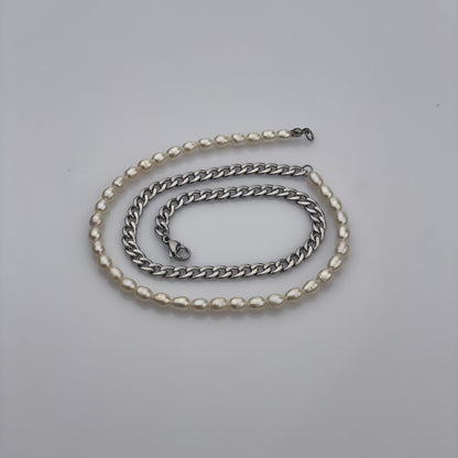 Pearl Chain Necklace, Half Pearl and Chain Necklace, Black Pearl, Gray Pearl, Choker Jewelry